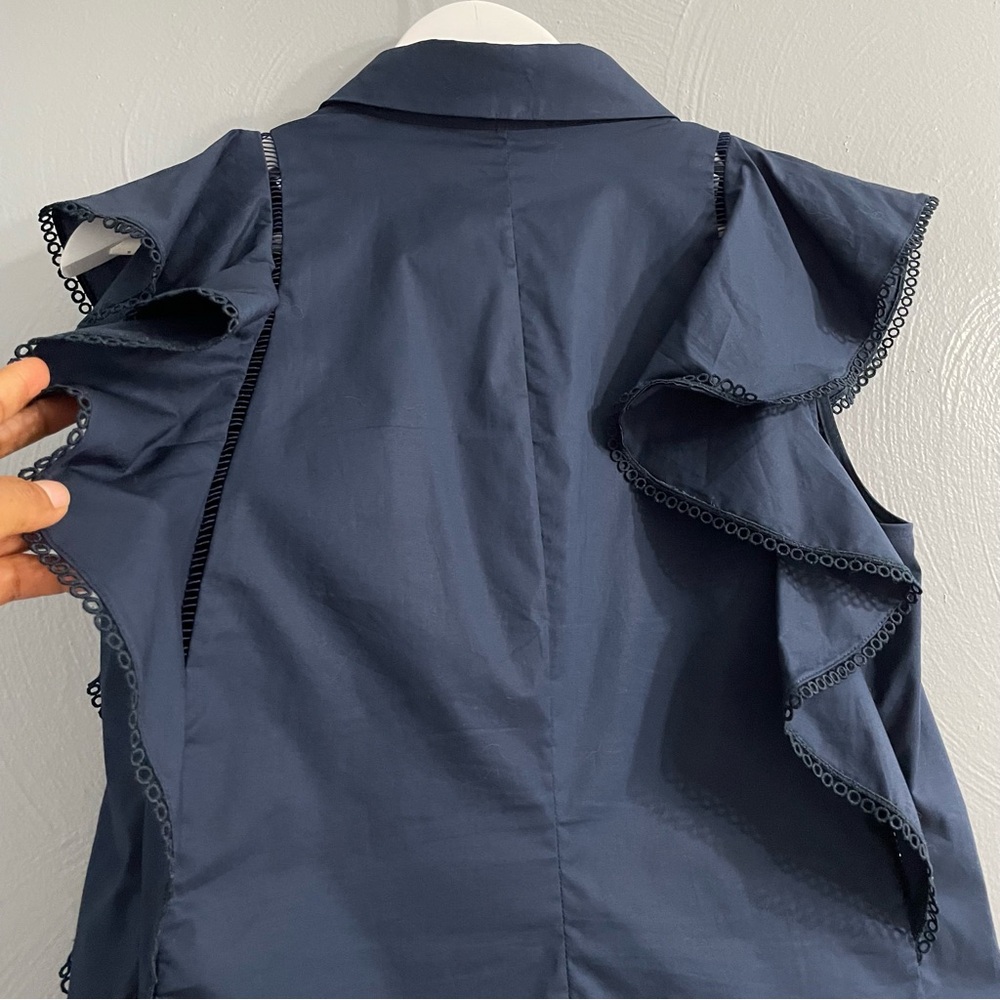 Pearl Navy Ruffle Sleeveless Button-Front Blouse - Picture 9 of 14